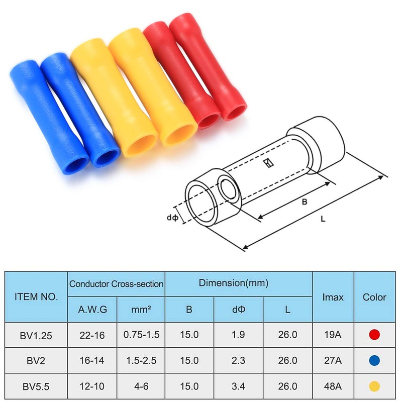 120 Pcs Insulated Straight Wire Terminal Connectors, Butt Splice Connectors,