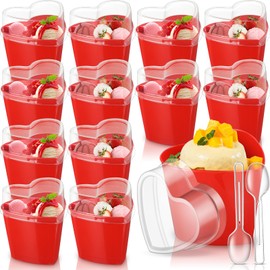 Sliner 12 Pack Valentine's Day Heart Shaped Dessert Cups with Lids and Spoons 5 oz Plastic Dessert Cups Mini Appetizer Cups Red Shooter Cups Parfait Cups for Wedding Serving Party