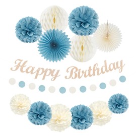 Dusty-Blue White Birthday Party-Decorations Paper-Flowers - 14pcs Happy Banner Boy Lanterns Tissue Pom Poms,Men Streamers Garland Fans Honeycomb,Baby Teen Male Kids Hanging Supplies Decor Hugfond