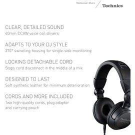 Technics Professional DJ Headphones with 40mm CCAW Voice Coil Drivers, 270° Swivel Housing and Locking Detachable Cord; Lightweight, Foldable High Input - EAH-DJ1200-K (Black)