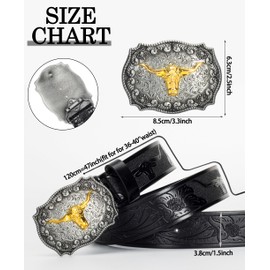 KorhLeoh Men's-Western-Leather-Buckle-Belts-Cowboy-Longhorn-Bull-Head-Buckle-Belt-Floral-Engraved-Buckle-Belt-for-Women, Black-style 1, for 25-30" waist
