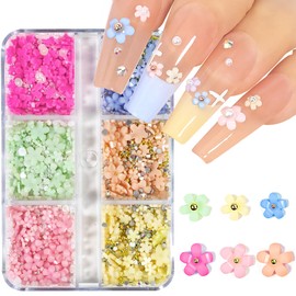 HNUIX 3D Flower Nail Charms 3D Acrylic Flower Nail Rhinestones Colorful Mixed Cherry Blossom Spring Gems Acrylic Nail Art Supplies with Pearls Manicure DIY Nail Decorations