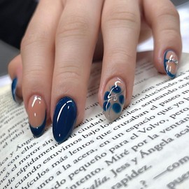 Almond Press on Nails Medium French Tip Fake Nails Floral False Nails with Flower Rhinestones Designs Blue Elegant Acrylic Nails Pretty Glossy Glue on Nails for Women Girls 24Pcs