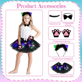 Aitsite Cat Animal Costume Children, Tulle Skirt with Fairy Lights Carnival, Animal Costume, Jungle Costume Children, Girls Tulle Skirt Set, with Hair Bands Nose Bows Tail, Carnival Fancy Dress