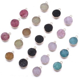 5Pcs Natural Round Druzy Agate Stone Pendant Links Healing Chakra Gemstone Charms Pendants 13X7mm for Jewelry Making Hole: 2mm (Random Mixed Colors)
