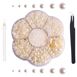 5600pcs Flatback Pearls for Crafts Mixed Sizes Half Pearl Bead Flat Back Plastic Beads Loose Bead with Pickup Pencil and Tweezer for DIY Craft Makeup Jewelry Decorations Nail Art Making-Beige