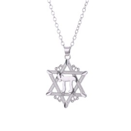 TEAMER Star of David Necklace Jewish Chai Kabbalah Gold Pendant Necklace Hebrew Letter Unisex Necklace for Women Men (Silver)
