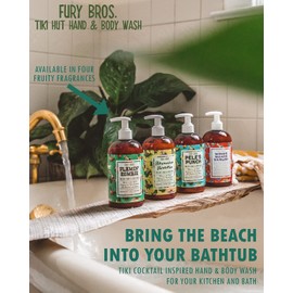 Fury Bros. Tiki Hut Lavado de manos y cuerpo, Pele's Punch, una fusión afrutada de frutas tropicales y coco tostado. ¡Un verdadero Knock-Out! Impresión azul, 16 onzas