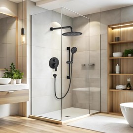 gotonovo Slide Bar Shower System Round Shower Faucet Sets with Rainfall Showerhead and 6-Mode Handheld Spray Wall Mounted Dual Function Including Rough-in Valve and Trim Kit, 10 Inch, Matte Black