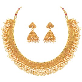 Aheli Indian Ethnic Wedding Wear Faux Pearl Necklace Jhumki Earring Set Bollywood Party Wear Fashion Jewelry for Women
