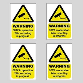 4 x Reverse Window Stickers - CCTV in Operation 24 Hour Recording in Progress - 150mm High x 100mm Wide (6 inches H x 4 inches W) Image Visible from Outside Windows