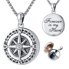 Picture Locket Necklace for Women Men - 925 Sterling Silver Pendant Holds 2 Pictures Crystals Photo Locket Compass Jewelry - Gifts for Her Him, Female Male, Daily Wear, Birthday, Anniversary, Lover