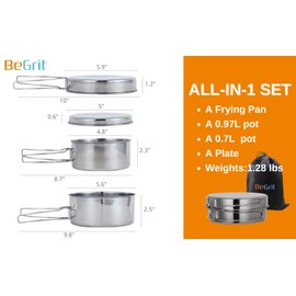 BeGrit Backpacking Camping Cookware Mini Picnic Camping Cooking Mess Kit with Pot and Pan Set for Hiking 4pcs Set