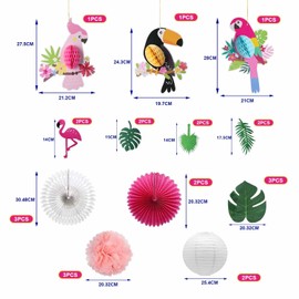 17pcs Hawaiian Flag Decorations, Plant Parrot Banner Hanging, Green Party Decorations, Tropical Jungle Decorations for Birthday, Beach Party, Jungle Theme Party