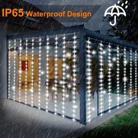 600 LED Solar Curtain Light Outdoor Remote Control 8 Lighting Modes Fairy Lights, IP65 Waterproof Copper Wire Lights for Christmas Party Wedding Home Bedroom Garden Wall Decorations (600 LED White)