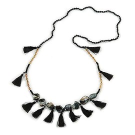 Avalaya Long Sea Shell, Crystal and Acrylic Bead with Multi Cotton Tassel Necklace/Black/Gold/96cm L