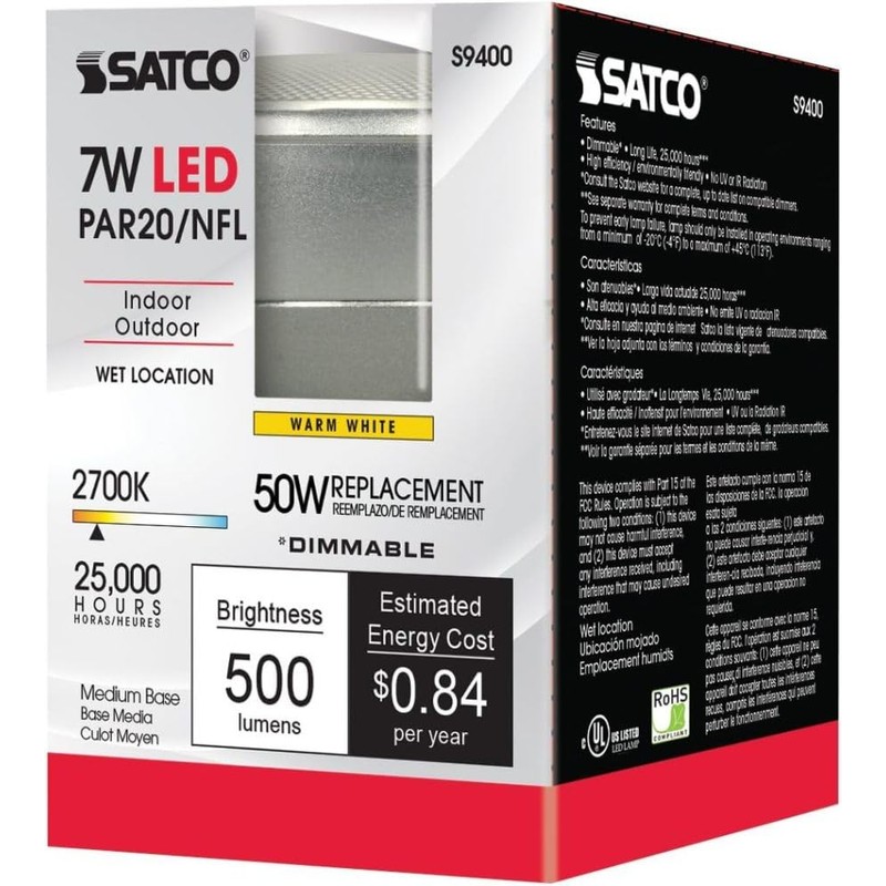 Satco S9400 Par20 LED 2700K 25' Beam Spread Medium Base