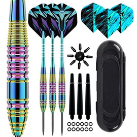 Darts Set 23g Professional 3 Pack, Steel Tip Darts Set with Aluminum Shafts(3 More Spare Shafts) and 2 Style Flights Rubber O-Rings and Darts Case, Colorful