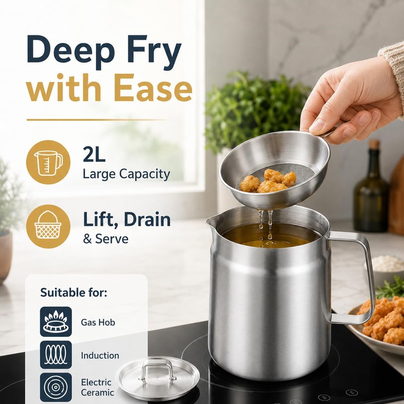 2L 304 Stainless Steel Deep Fat Fryer with Oil Strainer