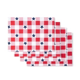 MARTHA STEWART Americana Star Gingham Plaid Indoor Placemat 4-Pack Set, Reversible, Patriotic USA America Decor, Red/White/Blue, 14"x72"