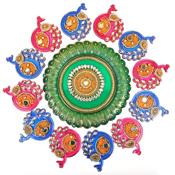 Colorful Peacock Designer Floor Rangoli/Home Décor/Decoration/Acrylic Traditional Handmade Rangoli/Floor Decor/Indian Wedding Festival Decoration/Gift Return Gift (Size:- 11" Inch Diameter)
