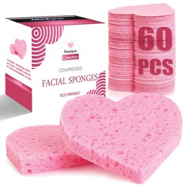 yeeyzz60-Count Compressed Facial Sponges, 100% Natural Cosmetic Spa Sponges for Facial Cleansing, Exfoliating Mask (Pink Heart)