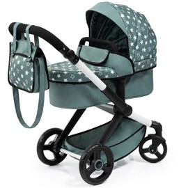 Bayer: Pram Xeo: Stars Green & White - Matching Handbag, Adjustable Handle, Dolls Up to 20", Ages 3+ | Baby Dolls | Dress Up