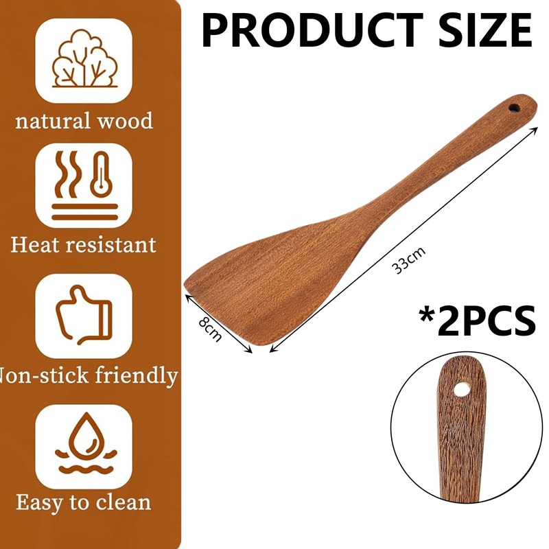 2PCS Wooden Spatula,Bamboo Spatula, Long Handle for Frying, Baking &