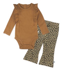 HonestBaby Baby Girls 2 Piece Long Sleeve Ruched Bodysuit Flared Leggings 2 Piece Set, Mini Chester (Pack of 2), 18 Months