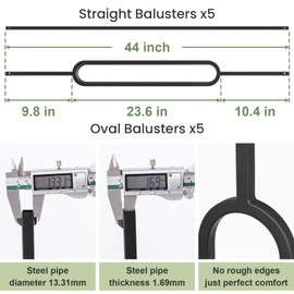 10 Pack Wrought Iron Railing, 44" x 1/2" Oval Hollow Staircase Baluster, Black Stair Spindles Balusters for Staircase Interior (5 Oval and 5 Straight)