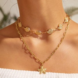 Starfish Necklace Gold Starfish Charm Necklaces Boho Layered Conch Turtles Sea Shell Necklaces Summer Beach Jewelry for Women (Starfish Conch)