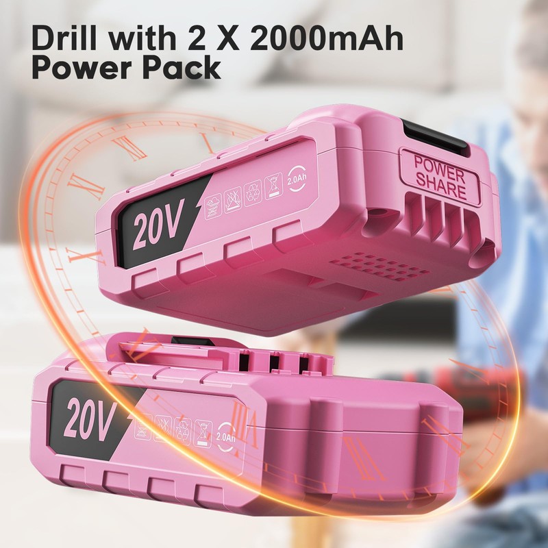 Pink Cordless Drill Set, Double 2000mAh Power Pack Electric Power