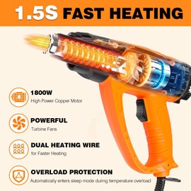 Heat Gun 1800W Heavy Duty Fast Heat Hot Air Gun Kit with 140℉-1112℉ （60℃-600℃） Dual-Temperature Settings and 5 Nozzles with Overheat Protection for Crafts, Shrinking PVC, Stripping Paint, (Orange)