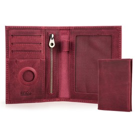 Contacts Full Grain Leather Airtag Passport Holder RFID Blocking Travel Passport Wallet Slim Passport Cover Case with 4 Cards Slots, Coin Pocket (Wine Red)