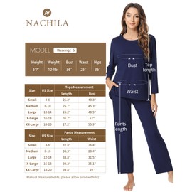 NACHILA Women's Pajamas -Viscose Made from Bamboo, Long Sleeve Pajama Set Soft Pants Sleepwear Crew Neck Pj with Pockets Black XL