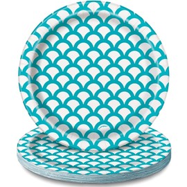 Unique 37204 37204-18cm White Party Plates, Pack of 8, Scallop Print, Caribbean Teal, 7 Inches