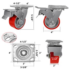 NINOSO 4" Heavy Duty Casters, Swivel Industrial Caster Wheels with Brake, Each Caster Loads 800lbs (2 Total Lock Brake)