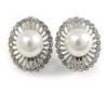 Oval Crystal Faux Pearl Bead Clip On Earrings in Silver