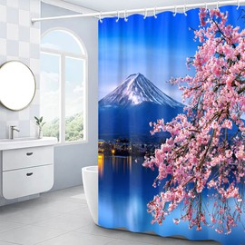 Hipposama Pink Cherry Blossom Shower Curtain, Japanese Sakura Floral Shower Curtain Set, Plant Flower Cherry Shower Curtains for Bathroom, Waterproof Fabric with 12 Hooks, 72 x 72 Inches