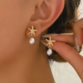 Gold Starfish Earrings Beach Jewelry for Women Pearl Sea Shell Earrings Dangle Silver Seashell Earring Vacation Summer Jewelry (Style1)