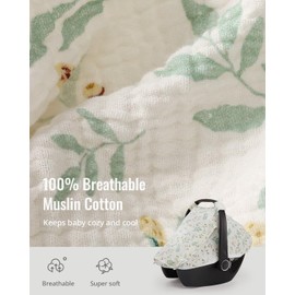 Blissful Diary Baby Car Seat Cover, Extra Large Mesh Window, Breathable Muslin Cotton, Infant Windproof Canopy, Must-Have Baby Gift - Botanical Leaf