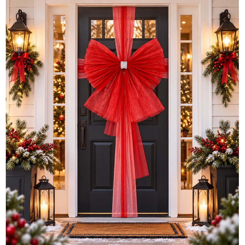 Large Christmas Door Bow with Long Ribbon – Oversized Red