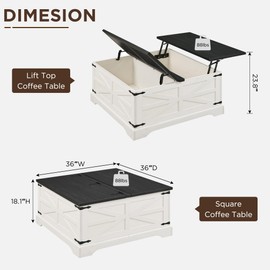 JXQTLINGMU Farmhouse Lift Top Coffee Table with Storage, 36" Wood Square Center Table with Large Hidden Compartment, Rustic Lift Tabletop Dining Table for Home Living Room, White