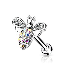 PiercedOff 316L Surgical Steel Labret with Paved Clear CZ Bee - Length 6mm Width 1.2mm