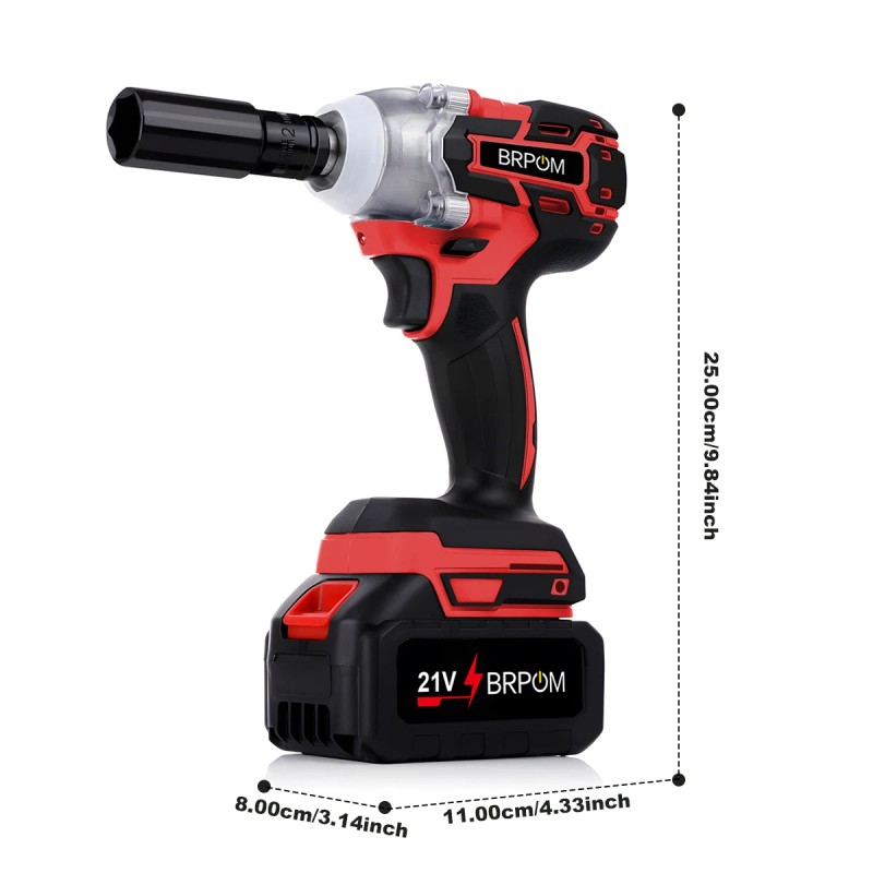 BRPOM 21V Cordless Electric Impact Wrench Gun 1/2'' with 2x