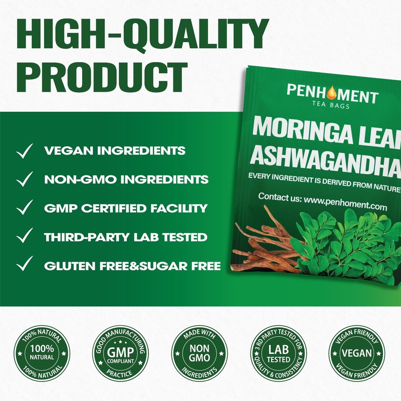 PENHOMENT Moringa Leaf Tea Bags with Ashwagandha - 40 Tea