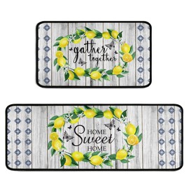 Sunopas Lemon Kitchen Rug 2 Pieces Set, Washable Non-Slip Kitchen Sink Farmhouse Decor Carpet, Home Water Absorb Microfiber Cushioned Kitchen Floor Standing Mats 17"x47"+17"x30"