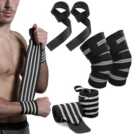 6pcs vendas para rodillas gym, Wraps para rodilla gym con Vendas para Rodilla, muñequeras, y Straps para Gimnasio, Equipo de entrenamiento de pesas, E