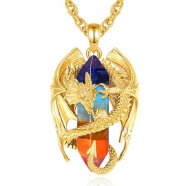 INFUSEU Crystal Dragon Necklace, Nordic Dragon Wrapped Cylinder Gemstone Crystal Pendant Hexagonal Healing Crystal Pendant Gothic Natural Crystal Jewellery Gift for Men Women, Bronze