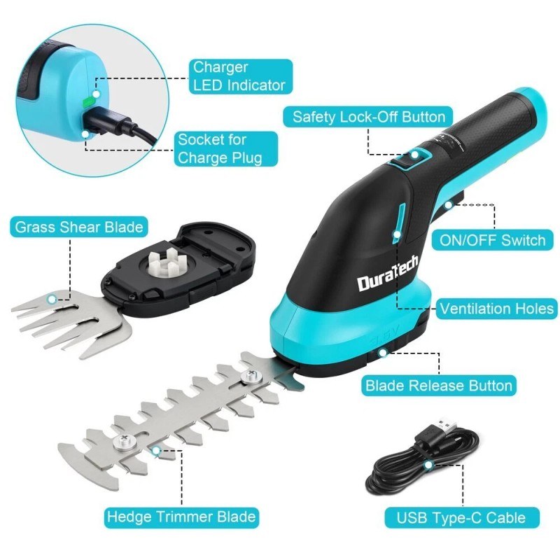 DURATECH 3.6V 2-in-1 Cordless Handheld Grass Trimmer & Hedge Shear